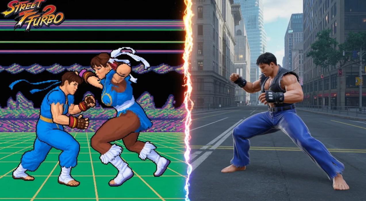Сравнение скриншота Street Fighter 2 в эмуляторе MAME и современной Street Fighter 6